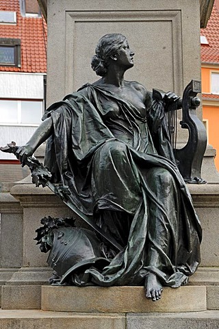 Allegorical figure from Friedrich Rueckert's works, "Sonnet in arms" at his memorial, market square, Schweinfurt, Lower Franconia, Bavaria, Germany, Europe