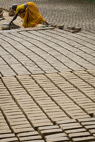 Making clay bricks, Neloor Maravappalayam, near Karur, Tamil Nadu, India, Asia