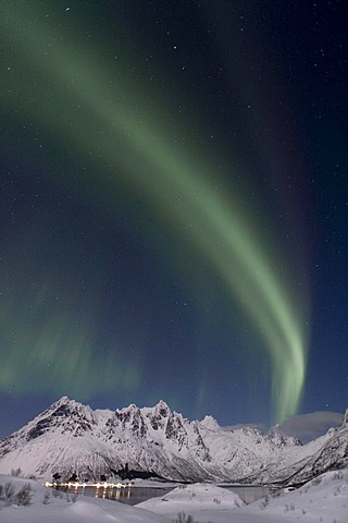 Northern lights, aurora borealis, Austnesfjorden, Island of AustvÃ‚goya, Lofoten Islands, Northern Norway, Norway, Europe