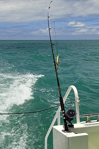 Fishing lure and rod on a boat, Shark Bay, Western Australia