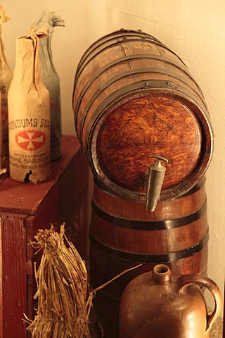 Barrels, can and Akvavit bottles wrapped in paper, Aalborg Akvavit spirits factory, Aalborg, North Jutland, Denmark, Europe