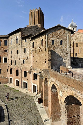 Tabernae or single room shops in the ancient street of Via Biberatica at Trajan's Market, in front of the Torre delle Milizie, Militia Tower, Via Alessandrina, Via dei Fori Imperiali, Rome, Lazio, Italy, Europe