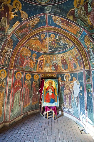 Byzantine frescoes in a painted barn-roofed Greek Orthodox church, UNESCO World Heritage Site, Troodos Mountains, Cyprus