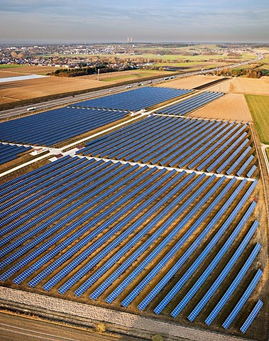 Aerial view, solar panels, photovoltaics array, motorway, nuclear power station, Bubesheim, Swabia, Germany, Europe