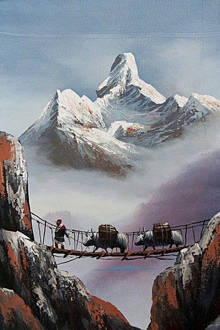 Painting, yaks on suspension bridge at Mount Ama Dablam, Himalayas, Art Gallery in Kathmandu, Nepal, Asia