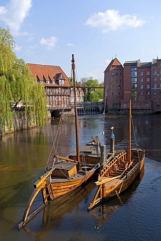 Old harbour with Salzewer ship and barge, historical salt ships, old crane, Lueneburg, Lower Saxony, Germany, Europe