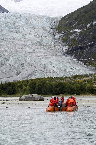 Tourists on a boat, Pia Glacier, Beagle Channel, Darwin National Park, Tierra del Fuego, Patagonia, Chile, South America