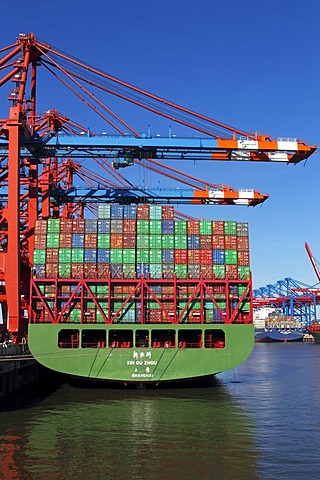 Container ships, loading containers on to the ship Xin Ou Zhou from Shanghai, China, Eurokai or Eurogate container terminal, and other ships at the Burchardkai in the port of Hamburg on the Elbe, Hamburg, Germany