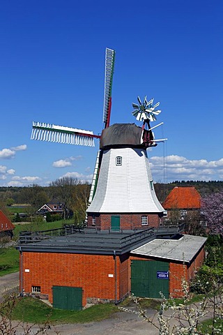 Historic windmill with wind rose built in a typical Dutch style, Artlenburg windmill, Elbuferstrasse, Artlenburg, Lueneburg district, Lower Saxony, Germany, Europe