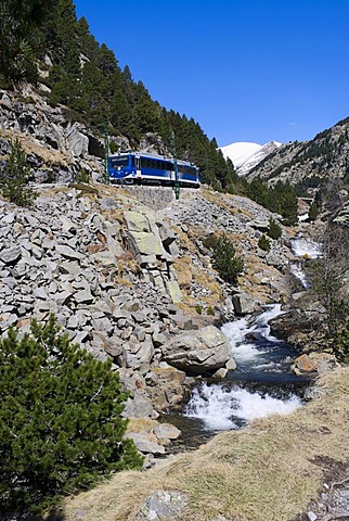 Cremallera de Nuria rack railway in the Vall de Nuria valley, Pyrenees, northern Catalonia, Spain, Europe