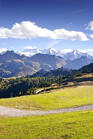 Corvara, Dolomites, Marmolada mountain at the back, near Boeseekofel fixed rope route, province of Trento, Italy, Europe