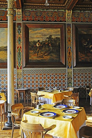 Set tables, Club Espanol, Casino, Spanish Club, restaurant, historic building, Spanish tiles, Moorish style, Plaza Arturo Prat square, Iquique, Norte Grande, Northern Chile, Chile, South America