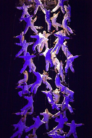 Trapeze artists, Global Rheingold, performance by Catalan theatre group La Fura dels Baus, European Capital of Culture Ruhr.2010, Ruhrort, Duisburg, Ruhr Area, North Rhine-Westphalia, Germany, Europe