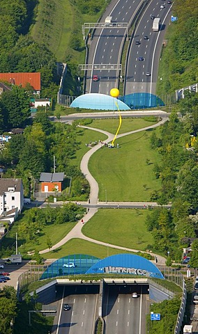 Aerial view, Graf Bismarck 3, 5, former mine, Schachtzeichen mine indicators on the A2 motorway cover, Schachtzeichen RUHR.2010 art installation, Gelsenkirchen, Ruhrgebiet region, North Rhine-Westphalia, Germany, Europe