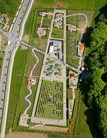 Aerial view, labyrinth, hedge maze, Landesgartenschau Country Garden Exhibition Hemer, Maerkischer Kreis district, Sauerland region, North Rhine-Westphalia, Germany, Europe