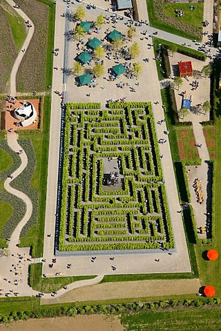 Aerial view, labyrinth, hedge maze, Landesgartenschau Country Garden Exhibition Hemer, Maerkischer Kreis district, Sauerland region, North Rhine-Westphalia, Germany, Europe