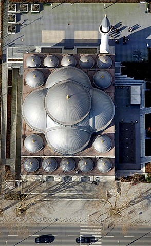 Aerial view, dome roof, DITIB mosque on Warbruckstrasse in Duisburg-Marxloh, Duisburg, Ruhrgebiet region, North Rhine-Westphalia, Germany, Europe