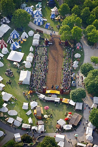 Aerial view, historical market with tournaments in the park of Schloss Broich castle, Muelheim an der Ruhr, Ruhrgebiet region, North Rhine-Westphalia, Germany, Europe