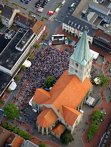 Aerial picture, public screening, Football World Cup 2010, the match Germany vs Australia 4-0 being shown in front of St. Paul's Church, Hamm, North Rhine-Westphalia, Germany, Europe