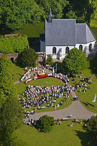 Aerial picture, open air church service on the occasion of the Feast of Corpus Christi, Herten palace gardens, Herten moated castle, Barockpark gardens, Herten, Ruhr Area, North Rhine-Westphalia, Germany, Europe