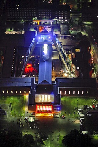 Aerial view, night shot, Deutsches Bergbau-Museum German Mining Museum, Extraschicht 2010, night of industrial culture, summer festival of the Kulturhauptstadt Capital of Culture 2010, Bochum, Ruhrgebiet area, North Rhine-Westphalia, Germany, Europe