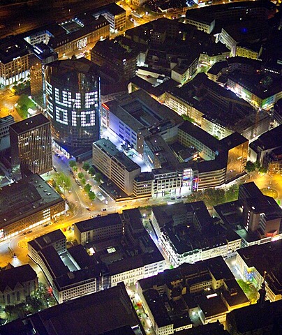 Aerial view, night shot, RWE-Tower with RUHR.2010 writing, Dortmund, Ruhrgebiet region, North Rhine-Westphalia, Germany, Europe