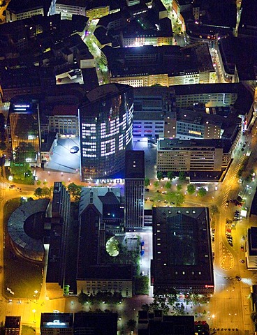 Aerial view, night shot, RWE-Tower with RUHR.2010 writing, Dortmund, Ruhrgebiet region, North Rhine-Westphalia, Germany, Europe