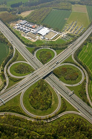 Aerial view, interchange Unna, A44 and A1 motorways, equestrian facility Reiterhof Massener Heide, Unna, Ruhrgebiet region, North Rhine-Westphalia, Germany, Europe