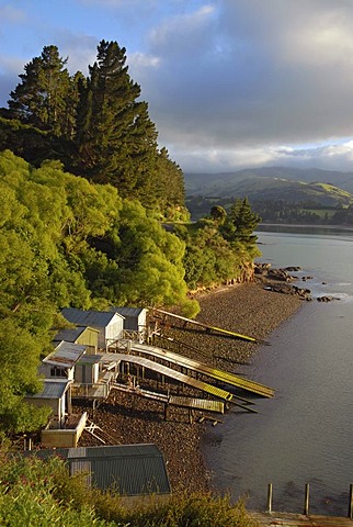 Boathouses at Akaroa Harbour, Banks Peninsula, Canterbury region, South Island, New Zealand