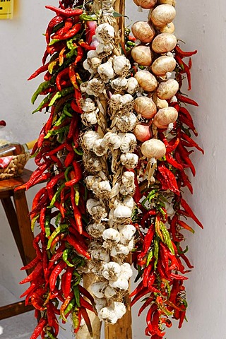 Chili peppers, garlic and onions, Monte Sant'Angelo, Gargano, Province Foggia, Apulia or Puglia, South Italy, Europe