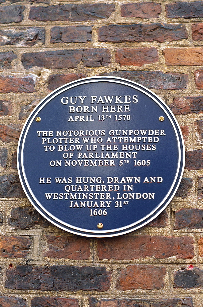 Plaque on Guy Fawkes House, York, Yorkshire, England, United Kingdom, Europe