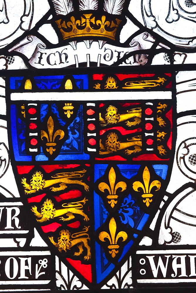 Stained glass window depicting coats of arms, The Great Hall, Winchester, Hampshire, England, United Kingdom, Europe