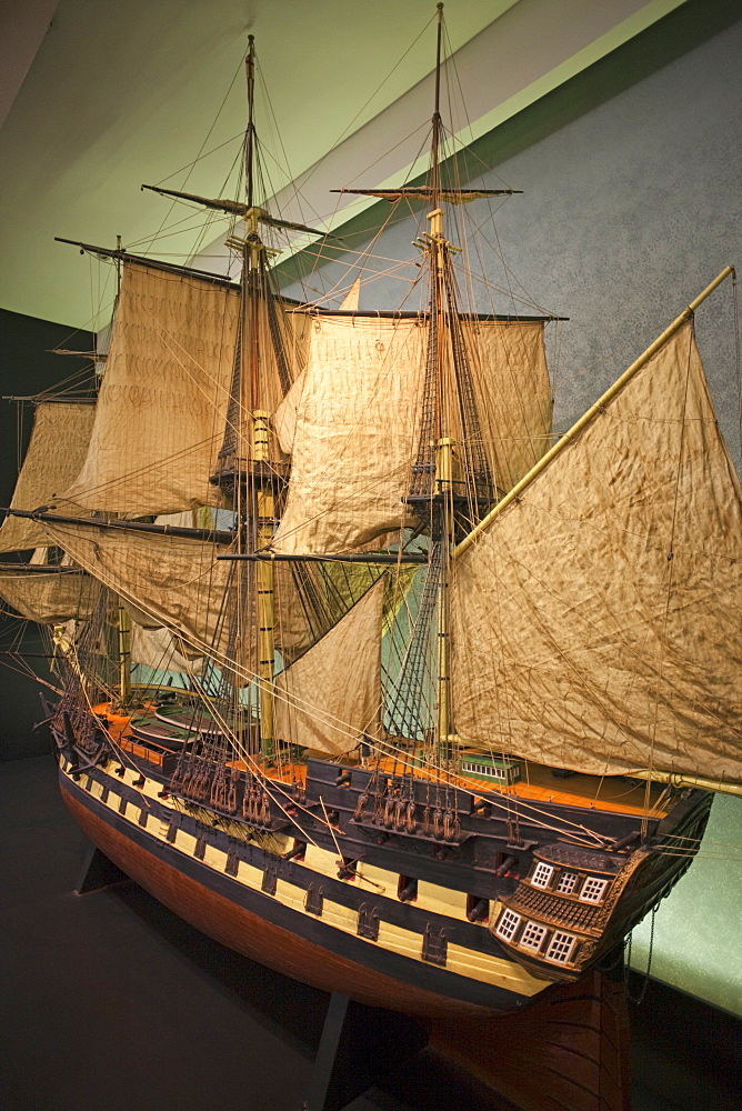 Exhibit of wooden ship models, National Maritime Museum, Greenwich, London, England, United Kingdom, Europe