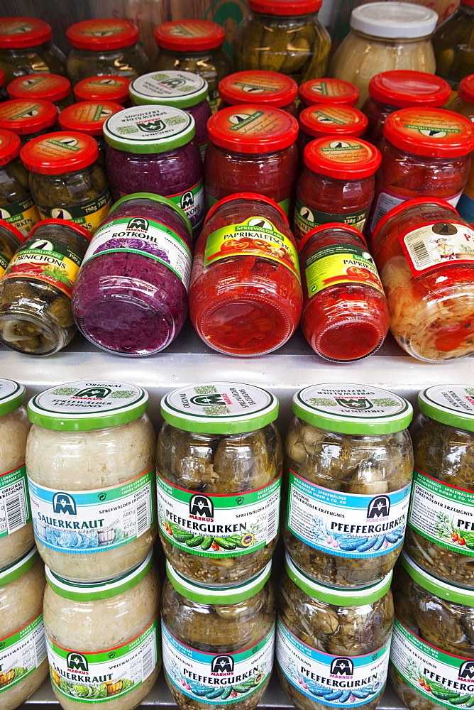 Preserved food display, Viktualienmarkt, Munich, Bavaria, Germany, Europe