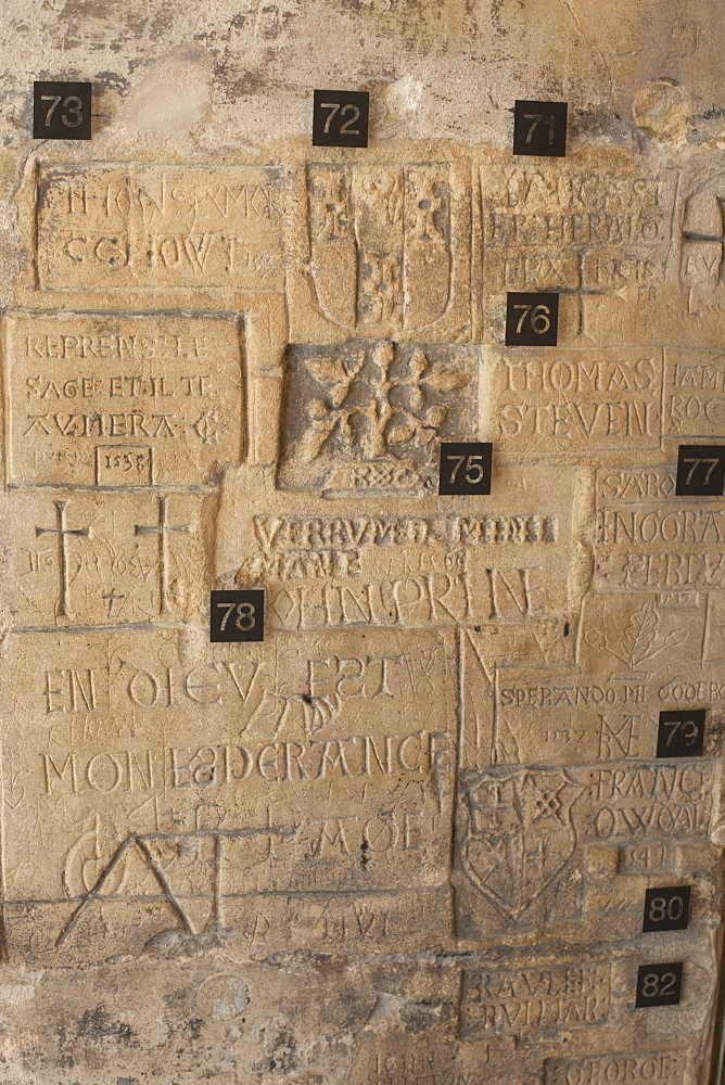 Graffiti by prisoners in the Beauchamp Tower, Tower of London, UNESCO World Heritage Site, London, England, United Kingdom, Europe