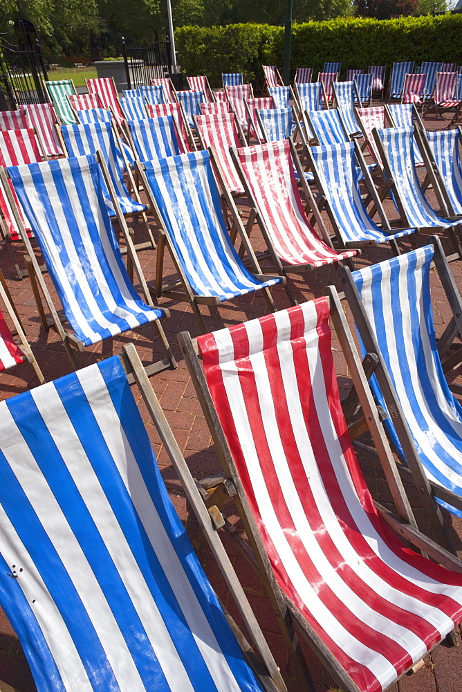 Deckchairs in Embankment Gardens, London, England, United Kingdom, Europe