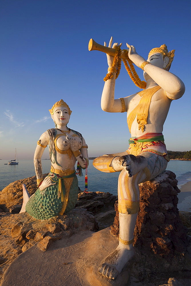 Flute Player and Mermaid Statue, Saikaew Beach, Ko Samet, Thailand, Southeast Asia, Asia