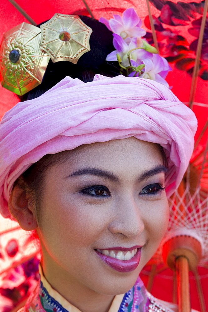 Girls in hilltribe costume, Chiang Mai Flower Festival, Chiang Mai, Thailand, Southeast Asia, Asia