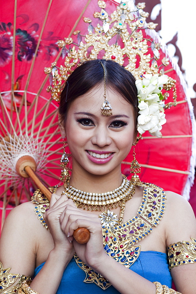 Portrait of a girl in traditional Thai dress, Chiang Mai Flower Festival, Chiangmai, Thailand, Southeast Asia, Asia