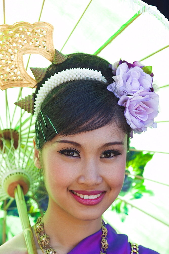 Portrait of a girl in traditional Thai dress, Chiang Mai Flower Festival, Chiangmai, Thailand, Southeast Asia, Asia