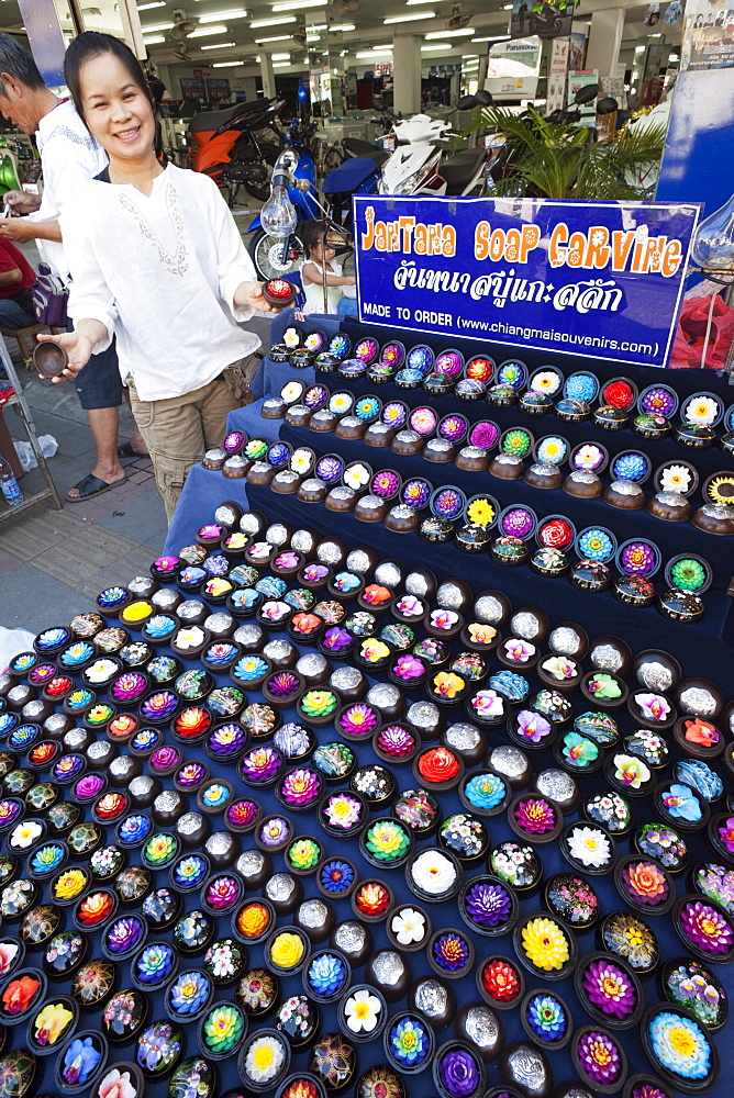 Carved soap vendor and display, Sunday Street Market, Chiang Mai, Thailand, Southeast Asia, Asia