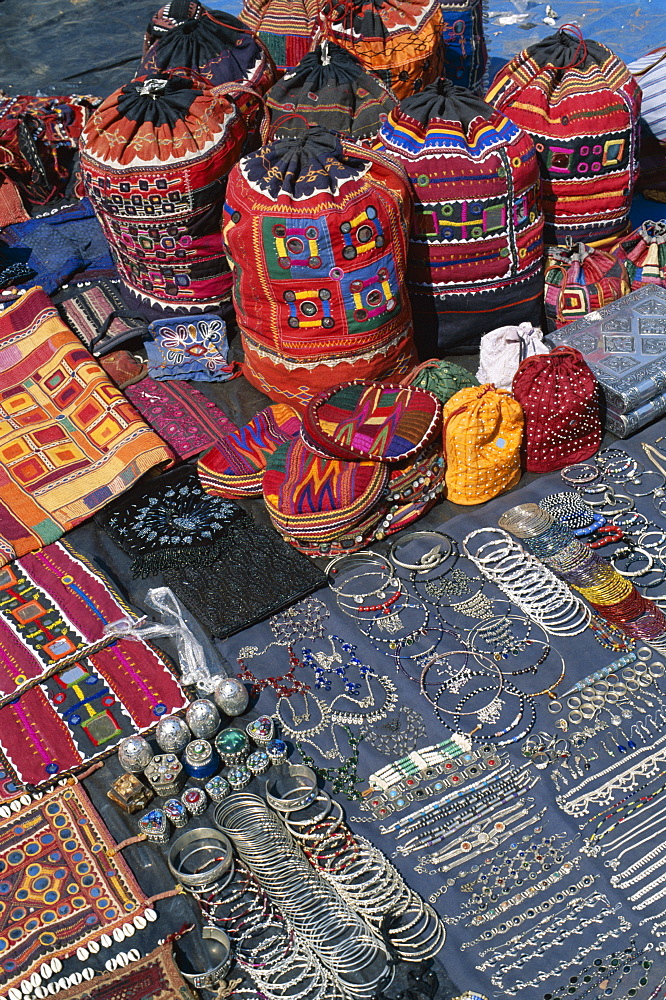 Display of local crafts and jewellery, Anjuna Market, Goa, India, Asia