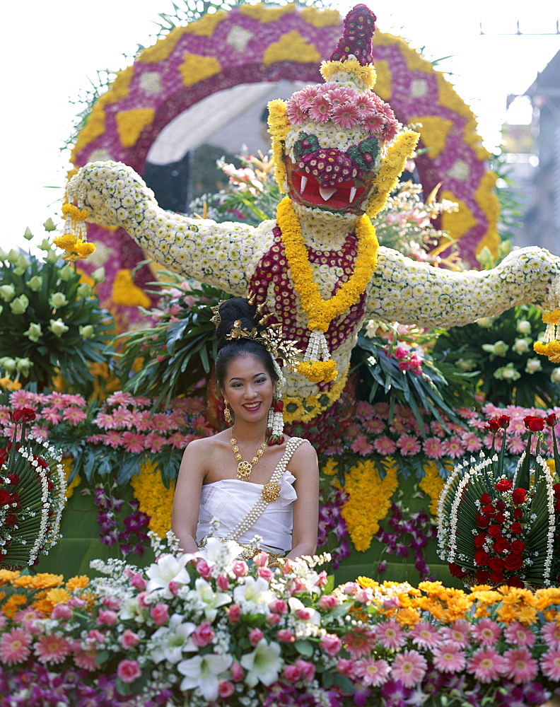 Woman dressed in traditional costume on a floral float, Flower Festival, Chiang Mai, Thailand, Southeast Asia, Asia