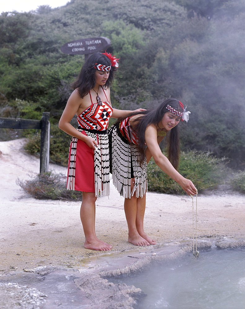 Maori women cooking in hot spring, Rotorua, North Island, New Zealand, Pacific