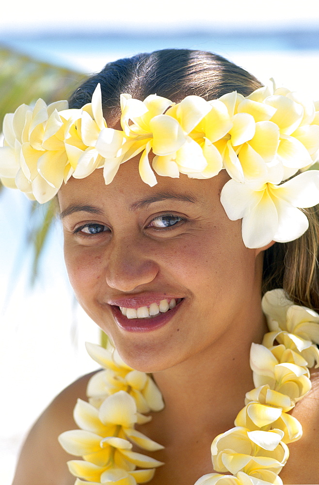 Polynesian girl dressed in traditional costume with leis (flower garlands), Aitutaki, Cook Islands, Polynesia, South Pacific, Pacific