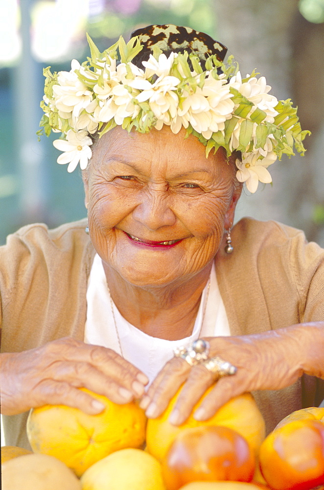 Elderly fruit vendor at Punanga Nui Market, Rarotonga, Cook Islands, Polynesia, South Pacific, Pacific