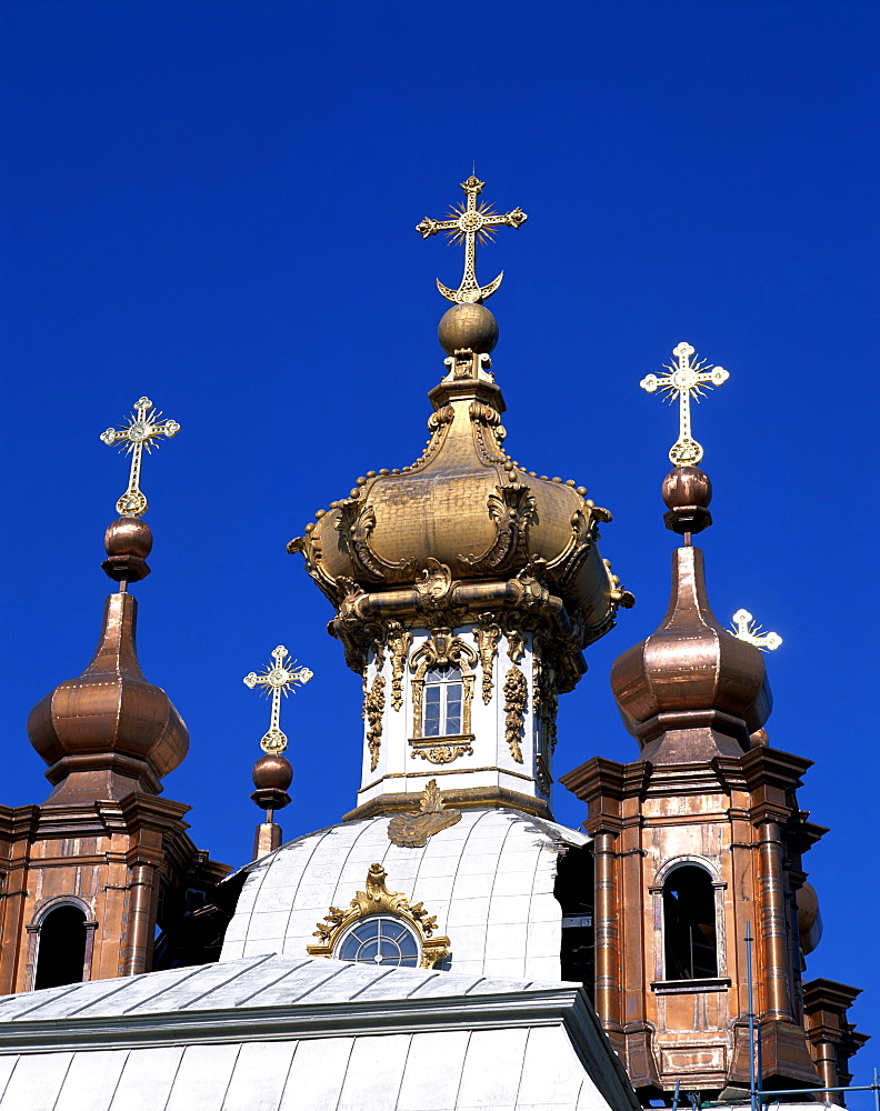 Detail of the domes of Peterhof Palace (Petrodvorets Palace), The Great Palace, St. Petersburg, Russia, Europe