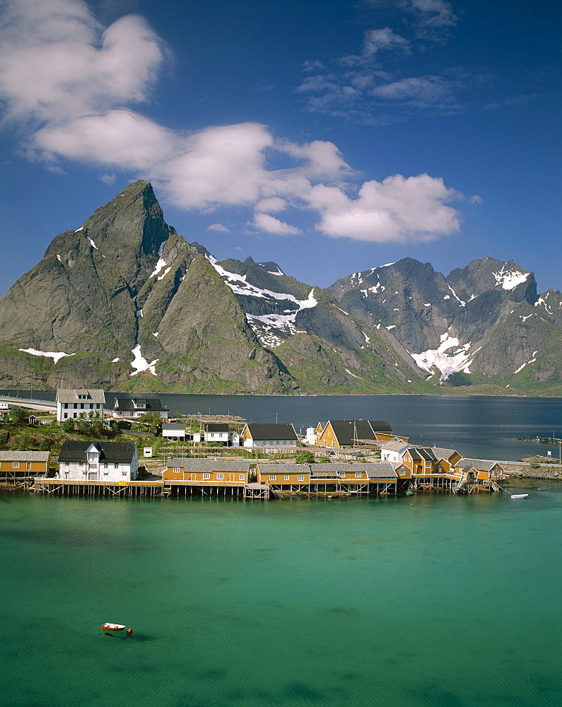 View of town with fishermen's cabins (Rorbus), Sakrisoy, Lofoten Islands, Norway, Scandinavia, Europe