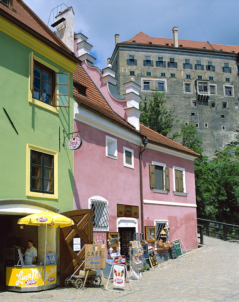 Colourful store and the castle, The Old Town, Cesky Krumlov, UNESCO World Heritage Site, South Bohemia, Czech Republic, Europe