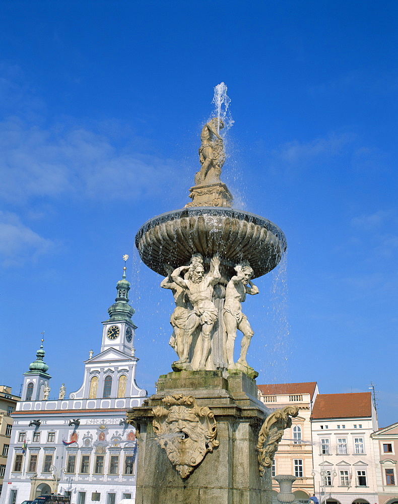 The Samson Fountain, Old Town Square, Ceske Budejovice, South Bohemia, Czech Republic, Europe